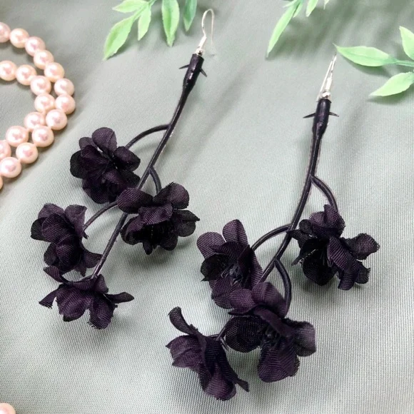 Black Flower Stem Dangle Earrings - Picture 3 of 7